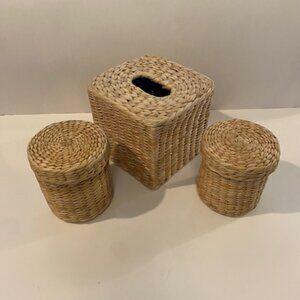 Boho Rattan/ Wicker Tissue Box Cover plus 2 lidded basket Decor